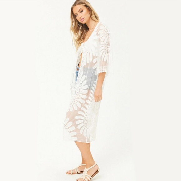 New! White Boho Floral Lace Kimono Beach Coverup - Picture 13 of 13